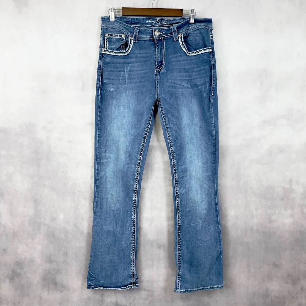 Sexy Couture Womens Jeans Size 17 Y2K McBling Western Rhinestone Country Stretch - Picture 2 of 15